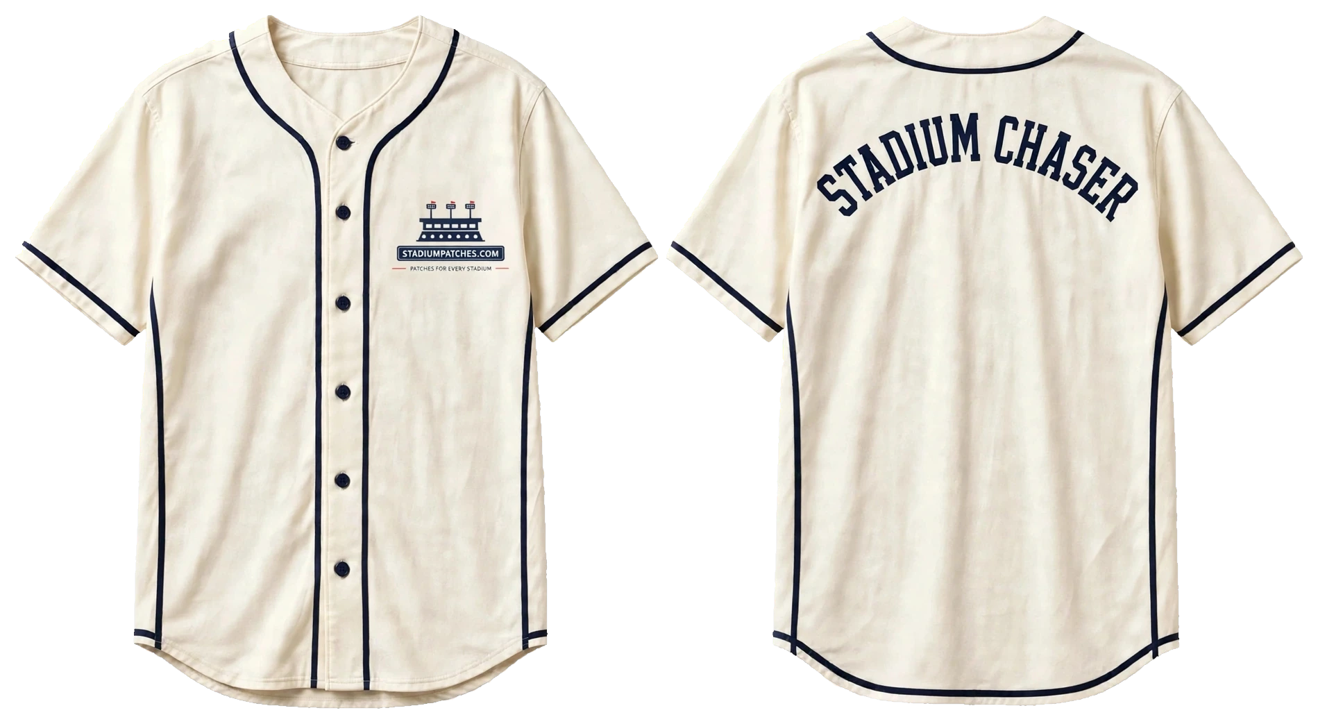 Front and back of the cream Stadium Chaser full-button baseball jersey with navy piping — front with the StadiumPatches.com stadium silhouette mark on the left chest, back with STADIUM CHASER arched across the shoulders