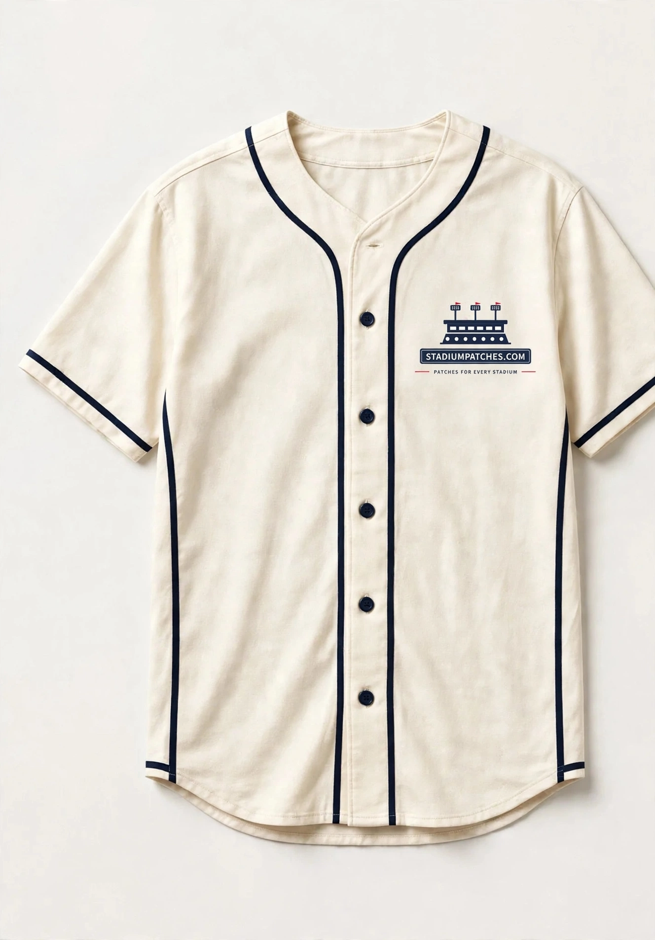 Front of the cream Stadium Chaser full-button baseball jersey with navy piping and the StadiumPatches.com stadium silhouette mark on the left chest