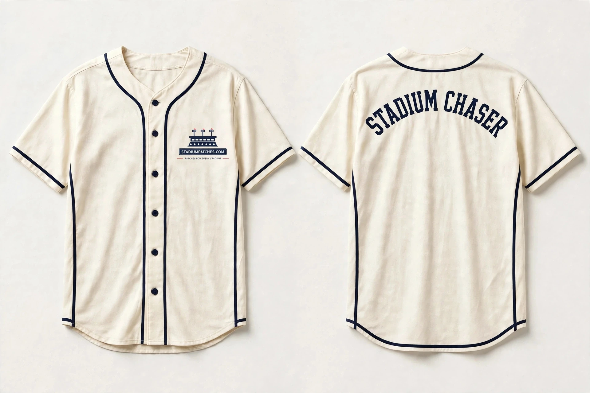 Front and back of the cream Stadium Chaser full-button baseball jersey with navy piping and the StadiumPatches.com stadium silhouette mark on the left chest
